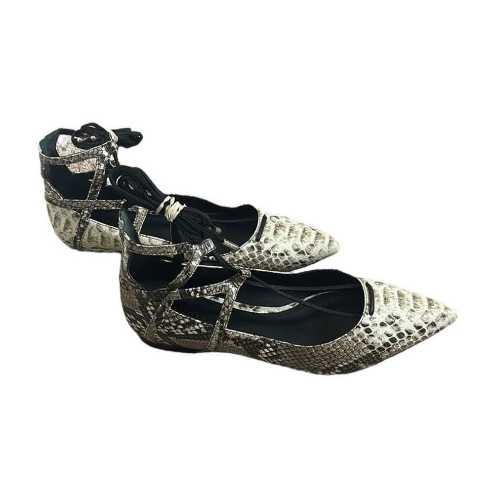 Schutz Beryl Snake Print Lace Up Strappy ‎ Pointy Toe Ballet Flats Size 8